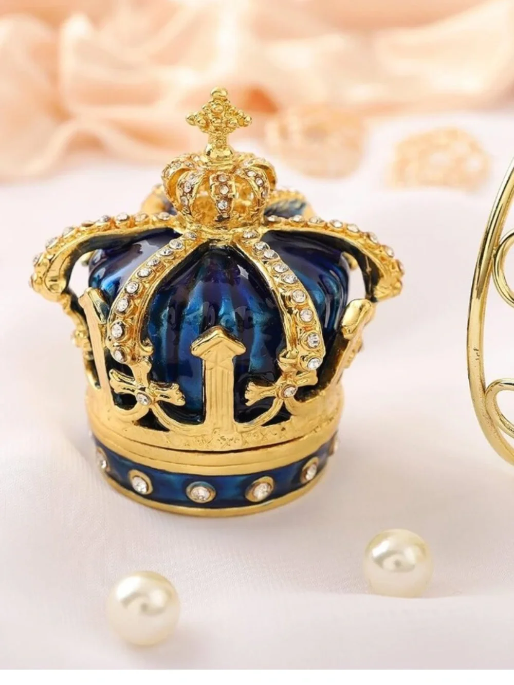 Cloisonne Blue‎ Crown Jewelry Box with Gold and Rhinestones new